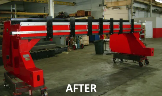 NOTE: The "after " picture was taken prior to the new component installation, i.e., the CNC controller, AC drive system, servo motors, gearboxes, motor mounts, oxyfuel torches, oxyfuel lifters, rail scrubbers, etc.